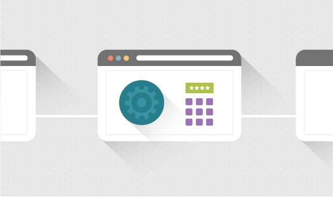 Graphic of website screen with gears and security code panel