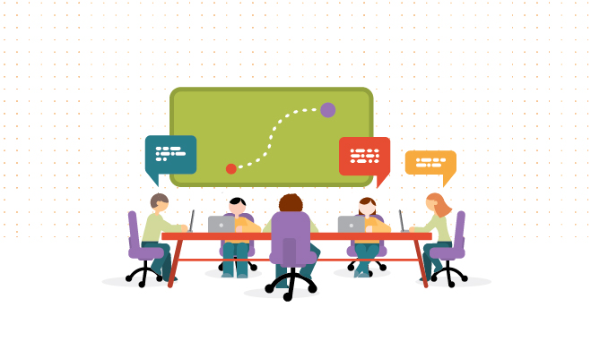 Illustration of people working at conference table, talking through user path