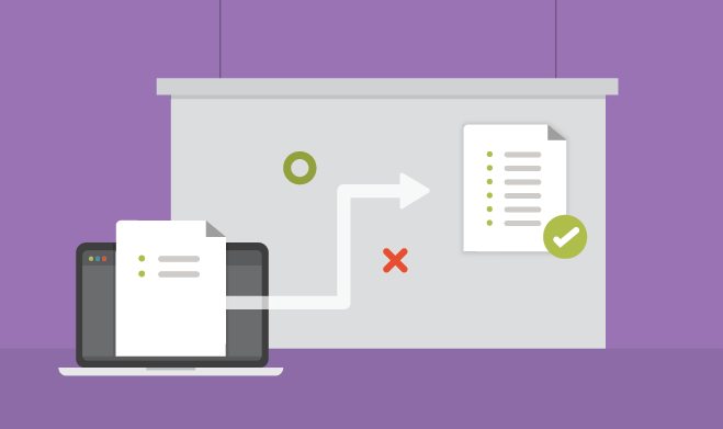 Illustration of a whiteboard and computer, showing strategy and documentation