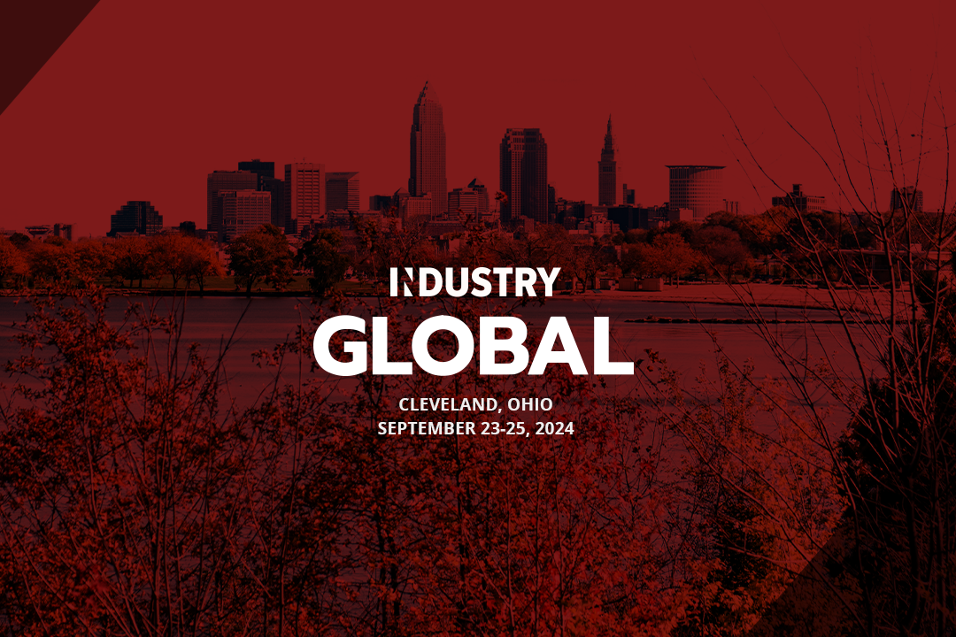 Photo of Cleveland skyline with red overlay. Text on image reads "INDUSTRY Global. Cleveland, Ohio. September 23 to 25, 2024."