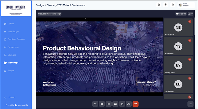 Virtual conference platform screenshot that showcases the workshop for Product Behavioral design. It’s featuring the first slide of the deck that describes the specifics for the session. 